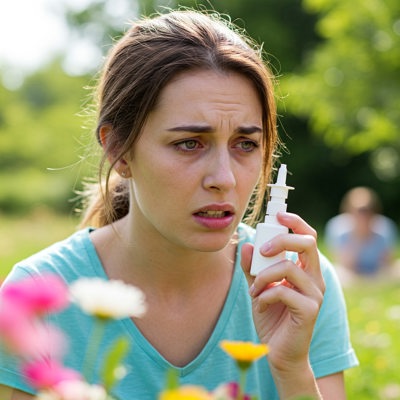 A hayfever sufferer with a nasal spray